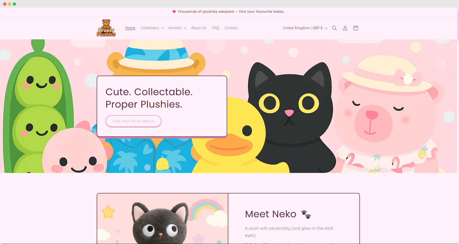 Proper Plushies website mockup showing e-commerce toy store design